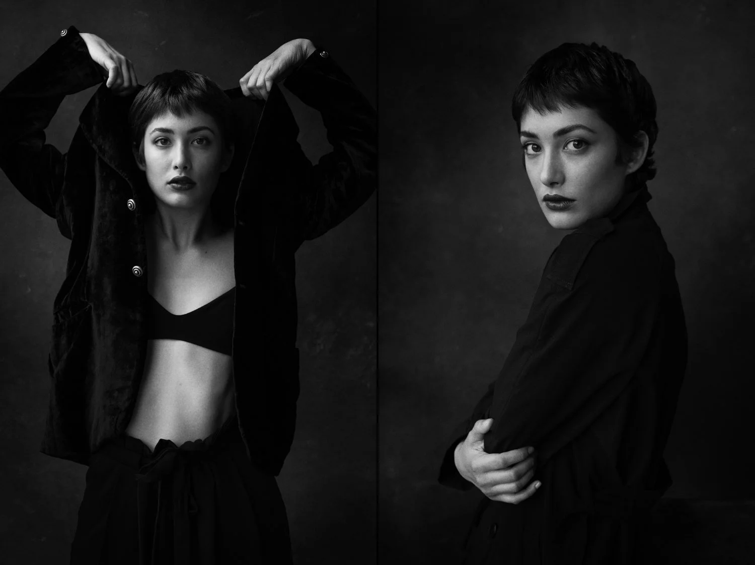 Due ritratti in bianco e nero di una donna, fotografie di Eolo Perfido